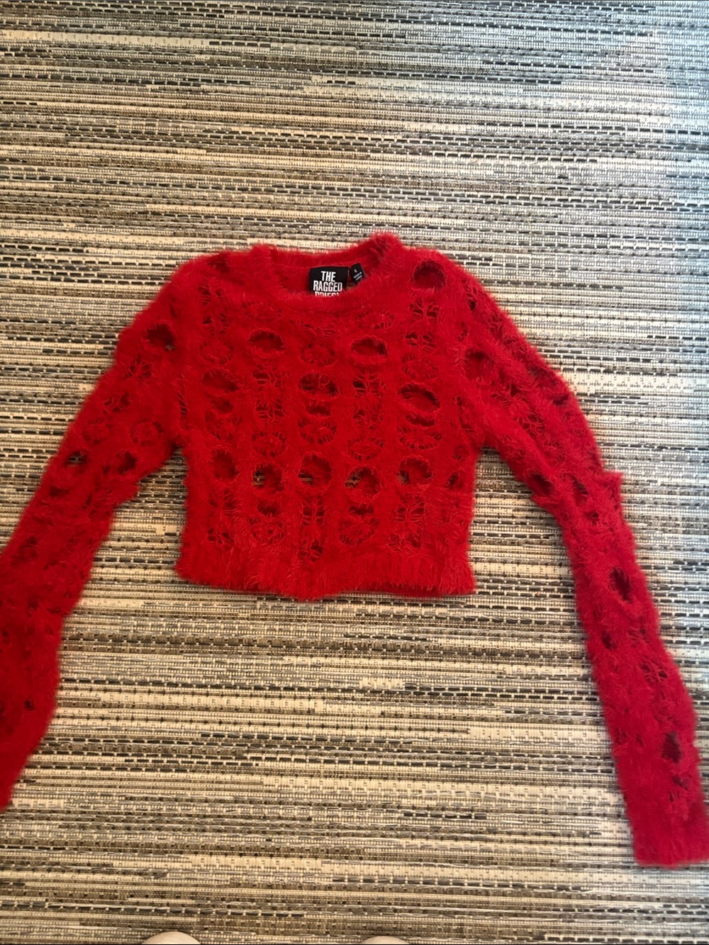 The Ragged Priest Red Cropped Fuzzy Hole-Knit Crewneck Sweater